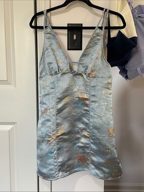 Urban Outfitters Silver-Blue Satin Mini Dress with Gold Embroidery